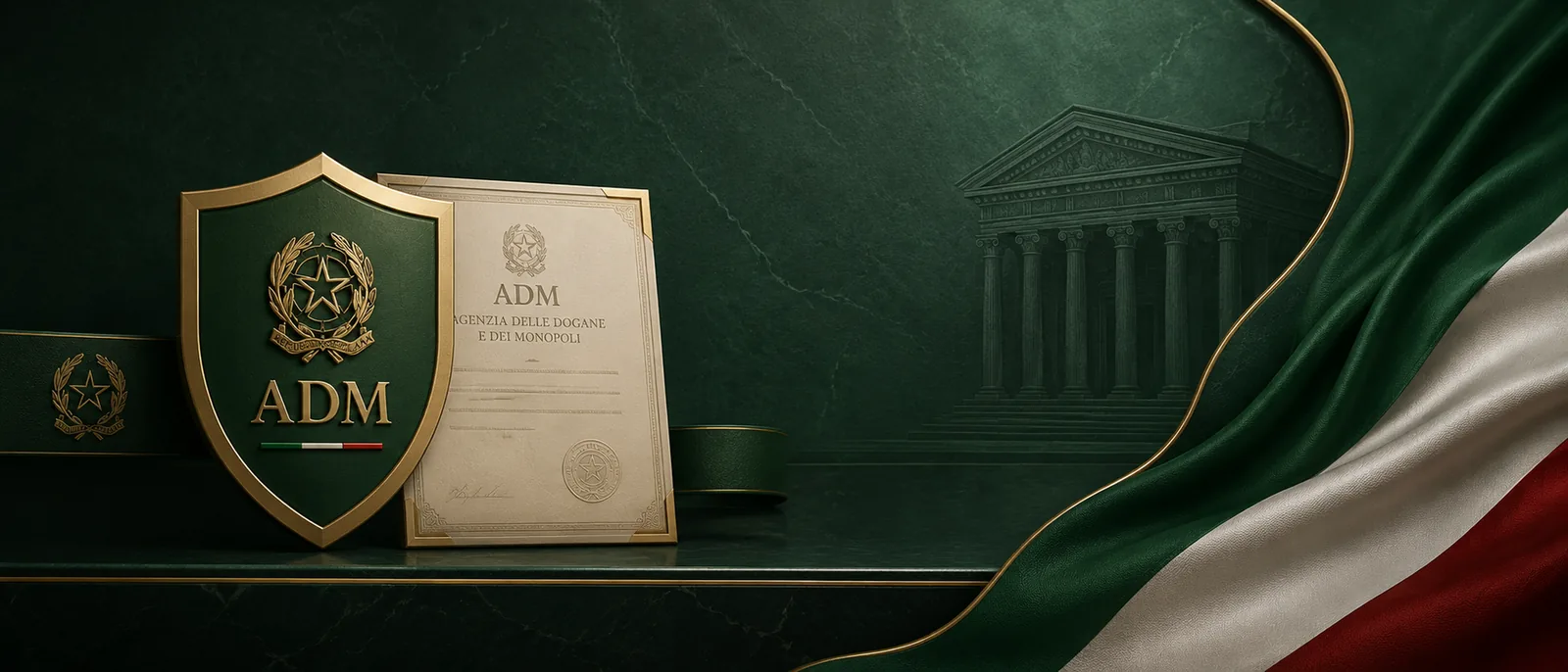 Illustrazione: scudo ADM, certificato di concessione e bandiera italiana
